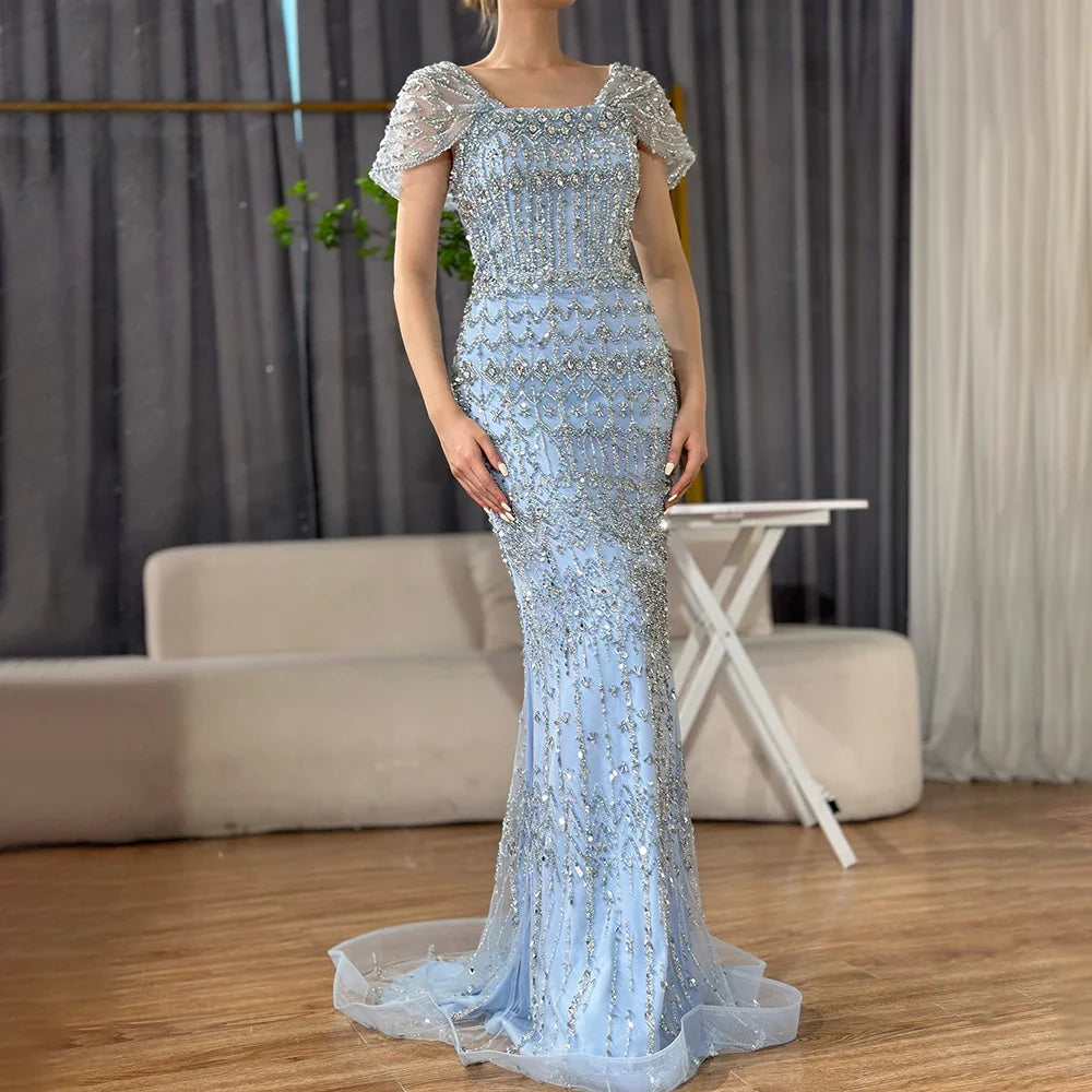 Vestido de noche árabe blanco de lujo estilo sirena de Dubái con mangas cortas LA72714