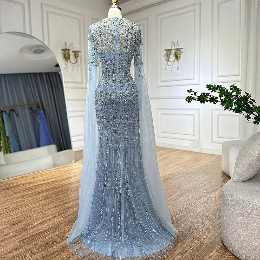 2025 Saudi Arabia Caramel Mermaid Elegant Cape Sleeve Luxury Beaded Evening Gown for Formal Occasion LA72775