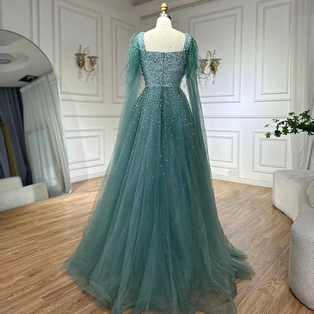 Vestidos de noche saudíes de lujo, corte A, azul árabe, con plumas, mangas capa y cuentas, para ocasiones formales 2025 LA71782A 
