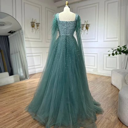 Vestidos de noche saudíes de lujo, corte A, azul árabe, con plumas, mangas capa y cuentas, para ocasiones formales 2025 LA71782A 