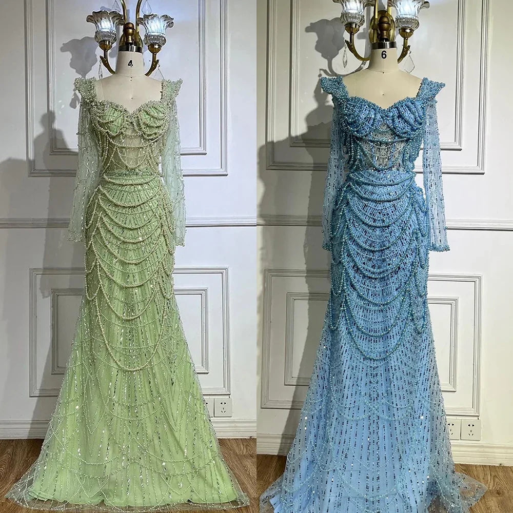 2025 Arabic Sage Green Sweetheart Mermaid Pearls Beaded Luxury Dubai Evening Gown for Women's Party LA72660