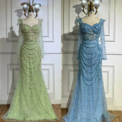 2025 Arabic Sage Green Sweetheart Mermaid Pearls Beaded Luxury Dubai Evening Gown for Women's Party LA72660