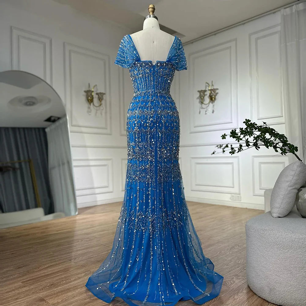 Vestido de noche árabe blanco de lujo estilo sirena de Dubái con mangas cortas LA72714