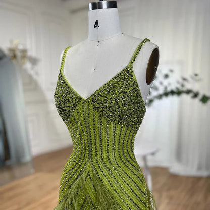 En oferta, sin devolución ni reembolso, vestido de noche de sirena con plumas de color verde amarillo, con cuentas y largo hasta el tobillo, vestidos de fiesta 2025 para mujer LA72055 