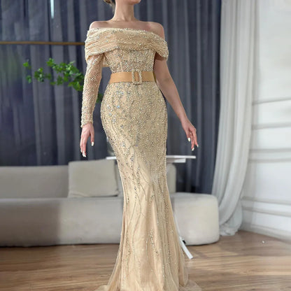 Vestidos de noche de lujo estilo sirena árabe con un solo hombro y cuentas, estilo Dubái, para mujer, para boda, fiesta, 2025, LA72161 