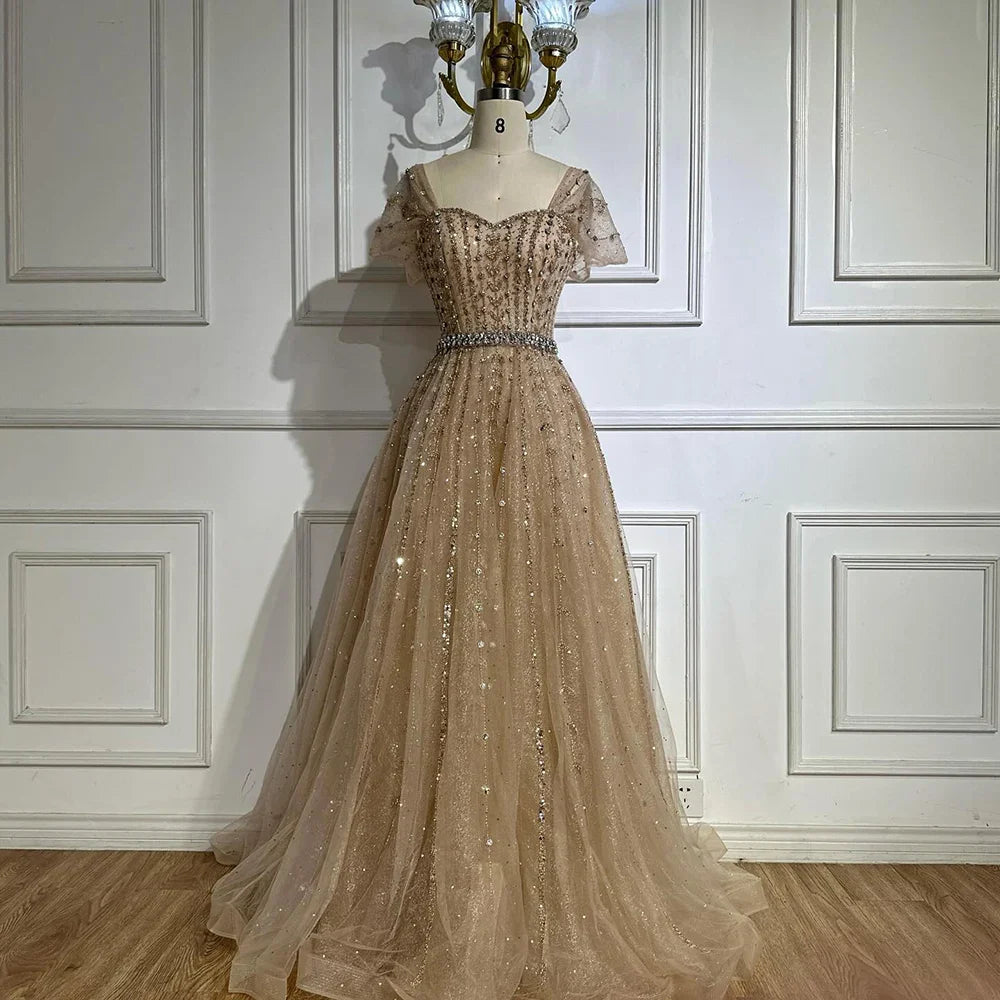 Vestido de noche azul corte A con cuentas y espalda descubierta LA72834