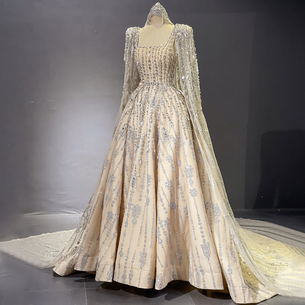 Vestidos de noche de lujo color piel, corte A, 2025, con mangas capa y cuentas, para mujer, fiesta, LA71614