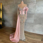 Arabic Pink Satin Mermaid Elegant With Overskirt Beaded Evening Dresses Gowns 2025 For Women Wedding Party LA71946