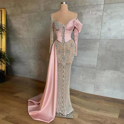 Arabisch Rosa Satin Meerjungfrau Elegant Mit Überrock Perlen Abendkleider Kleider 2025 Für Frauen Hochzeit Party LA71946 