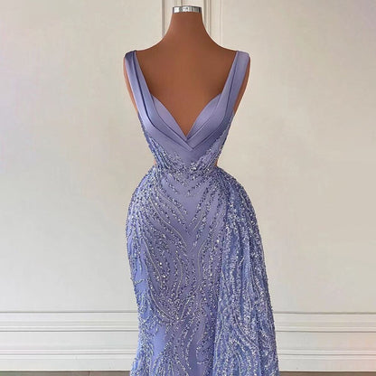 Arabisch Blau Meerjungfrau Elegant Mit Rock Sexy Tiefem V-ausschnitt Abendkleider Kleider Perlen 2025 Für Frauen Party LA71751