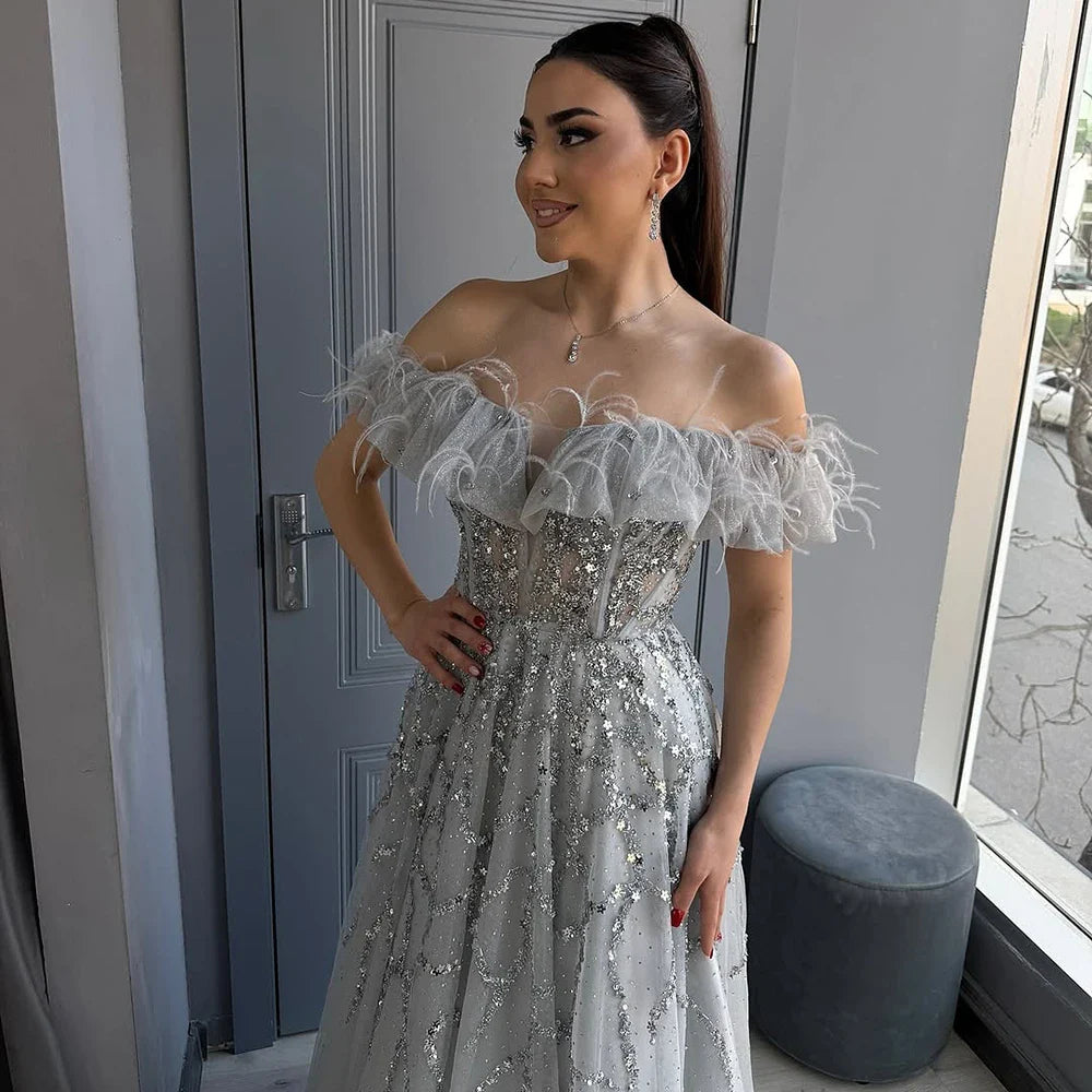 Grey A-Line Sexy Evening Dresses Gowns Beaded Feather Sparkle Formal Women Party LA71328 Featured