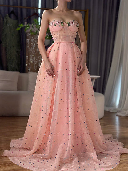 Vestido de noche de tul ilusión sin mangas con flores de colores y perlas, moda playera LA6490