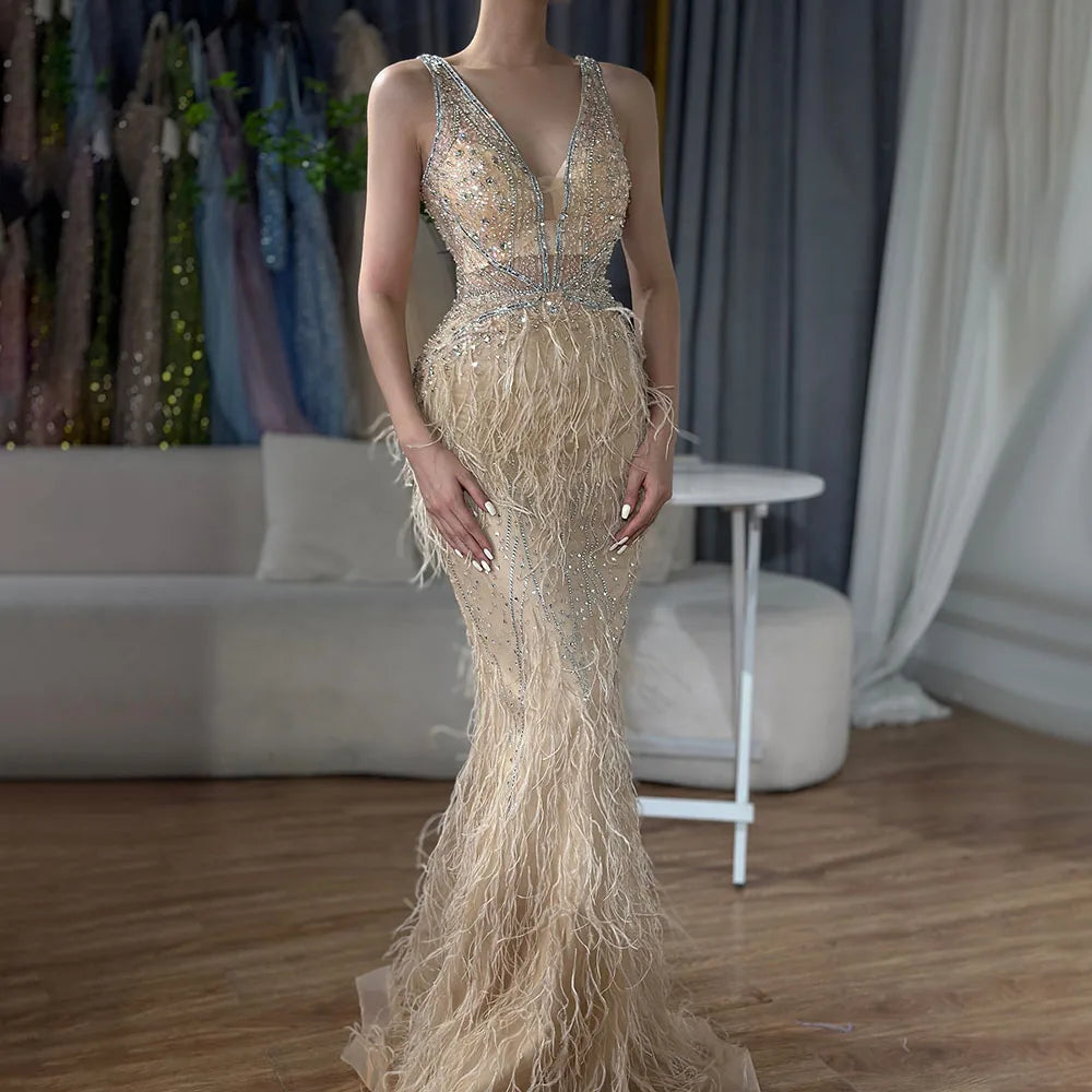 Arabisch Blau Meerjungfrau Elegant Mit Cape Luxus Perlen Feder Dubai Abendkleider Kleider für Frauen Party LA71583B 