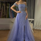 Blue Sexy Boat Neck Split Mermaid Elegant Beaded Arabic Evening Dresses Gowns For Woman Wedding Party 2025 LA71858