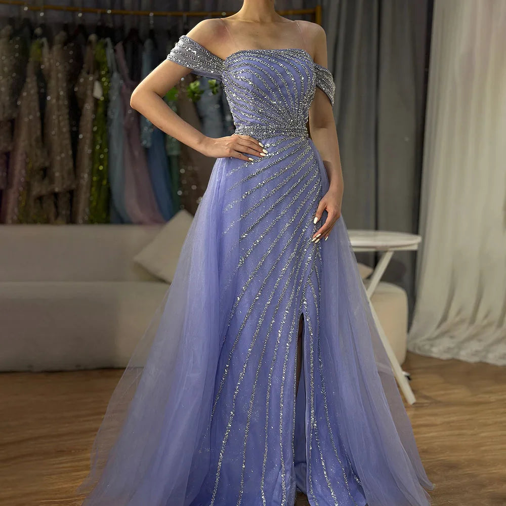 Vestido de noche azul sexy con escote barco, corte sirena, elegante, árabe, con cuentas, para mujer, boda, fiesta, 2025, LA71858 