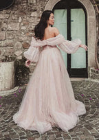 2025 Arabic Pink A-Line Off-the-Shoulder Side Split Luxury Dubai Prom Dress for Women's Party LA72677