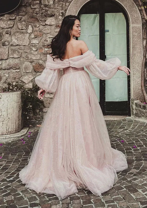 2025 Arabisches Rosa A-Linie Off-the-Shoulder Side Split Luxus Dubai Ballkleid für Damen Party LA72677 