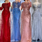 Abendkleid Langes Weinrotes Meerjungfrauenkleid Perlenfedern Mit Umhang Partykleid Damen Party LA70827 