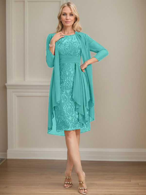 Vestido de madre de la novia de gasa con encaje, escote redondo, ilusión, largo hasta la rodilla, con volantes en cascada y lentejuelas