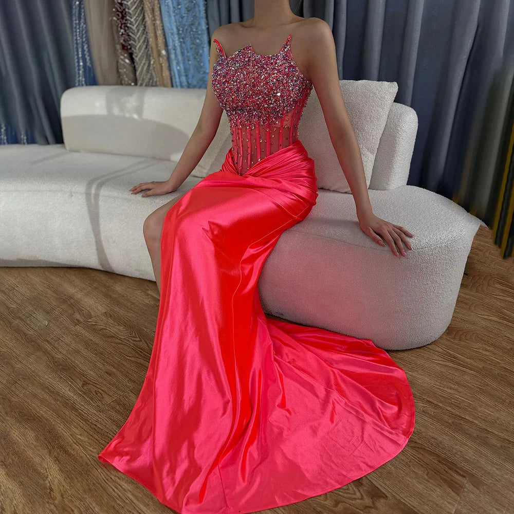 2025 Arabic Fuchsia Strapless Side Split Beaded Mermaid Luxury Dubai Evening Gown for Women's Party LA72671