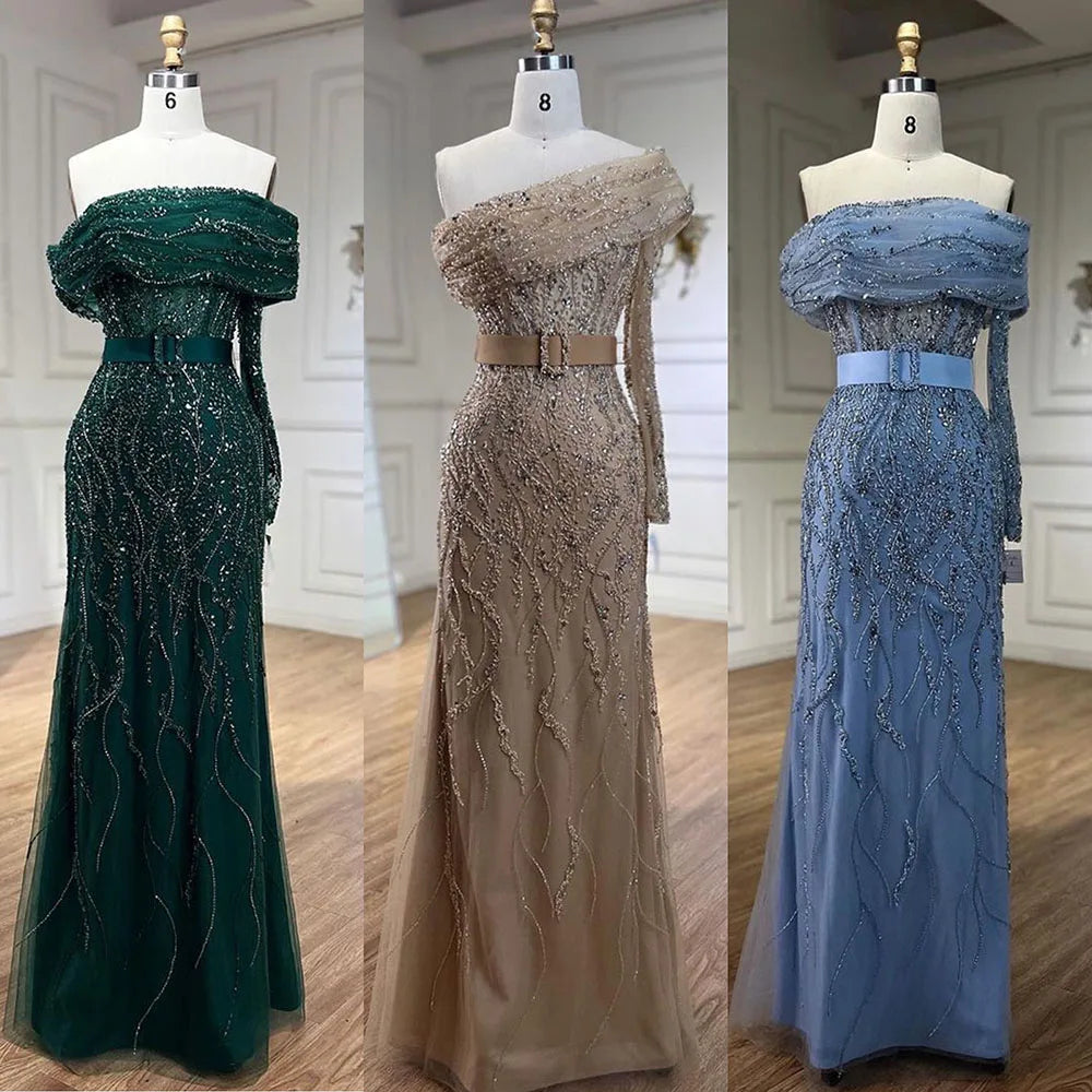 Vestidos de noche de lujo estilo sirena árabe con un solo hombro y cuentas, estilo Dubái, para mujer, para boda, fiesta, 2025, LA72161 