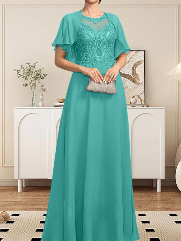 Vestido de gasa con encaje y lentejuelas para madre de la novia, corte A, escote ilusión, largo hasta el suelo
