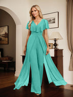 Vestido de noche de gasa con escote en V y largo hasta el suelo, tipo mono/pantalón