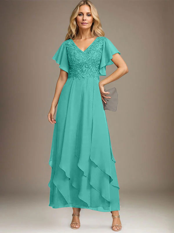 A-line V-Neck Ankle-Length Lace Chiffon Mother of the Bride Dress With Cascading Ruffles