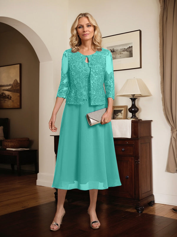Vestido de gasa con encaje y lentejuelas para madre de la novia, corte A, escote redondo y largo hasta la rodilla