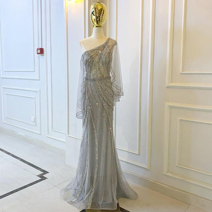 Luxus Grau One Shouder Abendkleider Kleider 2025 Meerjungfrau Perlen Elegante Für Frauen Party LA71518 