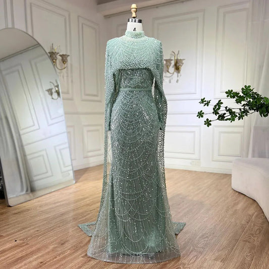 Luxus Muslim Cape Dubai Arabia Abendkleider Nude Mermaid Kleider für Party LA72032m 
