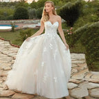 Beach Ivory Wedding Dresses for Women 2023 Summer Sweetheart A-Line Floor Length Illusion Bride Dress Bow Back Lace Applique-payinti