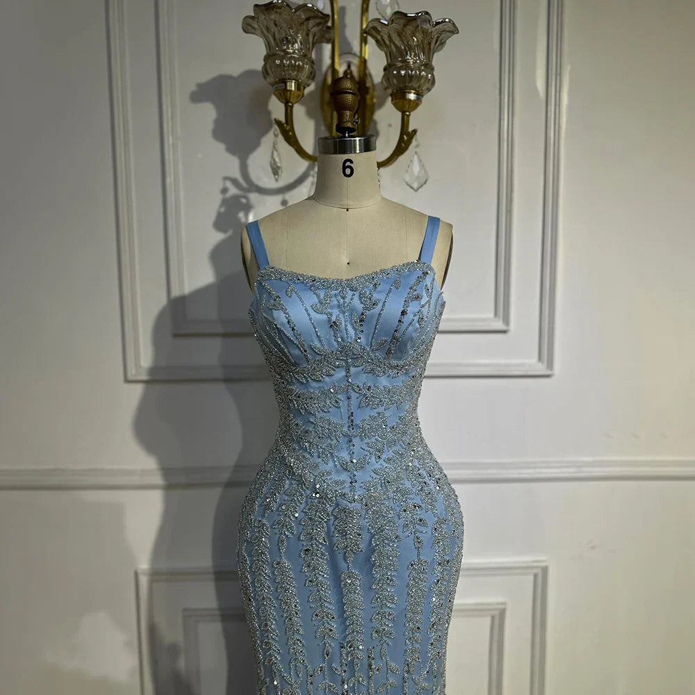 2025 Arabic Blue Spaghetti Strap Mermaid Gown Luxury Beaded Saudi Evening Dress for Formal Occasion LA72725