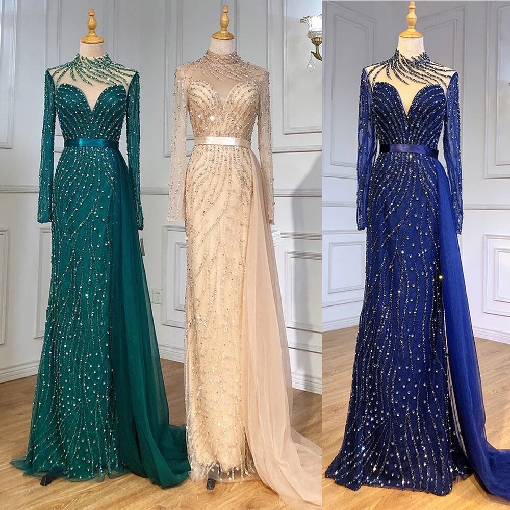 Muslimischen Elfenbein Mit Rock Meerjungfrau Elegante O Neck Luxus Perlen Abendkleider Kleider 2025 Für Frauen Party LA71767 