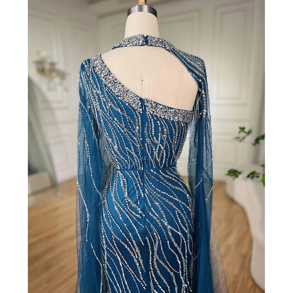 Vestido de noche elegante de sirena negra con mangas estilo capa y cuentas, de lujo, para mujer, estilo árabe, para fiesta, 2025, LA72112 