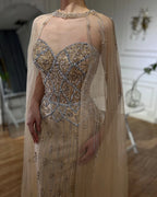 2025 Nude Saudi Evening Gown Mermaid Detachable Cape Sleeves Luxury Beaded Dress for Formal Occasion LA72716