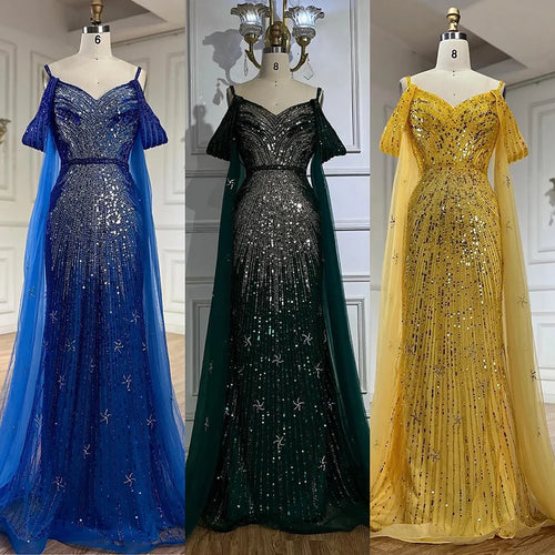 2025 Spaghettiträger Blaues Meerjungfrau-Abendkleid mit Perlen und Cape-Ärmeln für formelle Anlässe Saudi LA72707 