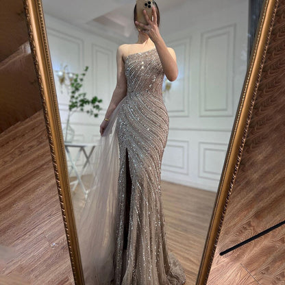 Seductive High Split Beaded Mermaid Evening Gown with One-Shoulder With Overskirt in Caramel Color for Women Party LA71371A