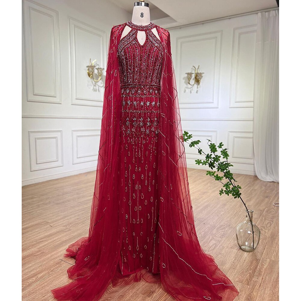 Luxuriöses Dubai Meerjungfrau-Abendkleid in Fuchsia mit Cape-Ärmeln LA71817
