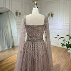 Muslim Caramel Beaded A-Line Luxury Evening Dress Gown with Cape Sleeves LA71803A