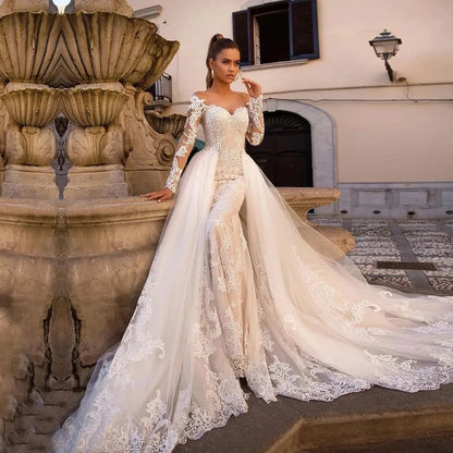 Detachable Train Mermaid Long Sleeves Wedding Dresses Lace Robe De Mariée Vestido De Noiva-payinti