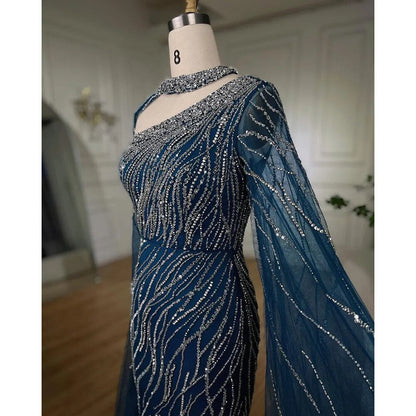 Vestido de noche elegante de sirena negra con mangas estilo capa y cuentas, de lujo, para mujer, estilo árabe, para fiesta, 2025, LA72112 