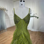 En oferta, sin devolución ni reembolso, vestido de noche de sirena con plumas de color verde amarillo, con cuentas y largo hasta el tobillo, vestidos de fiesta 2025 para mujer LA72055 