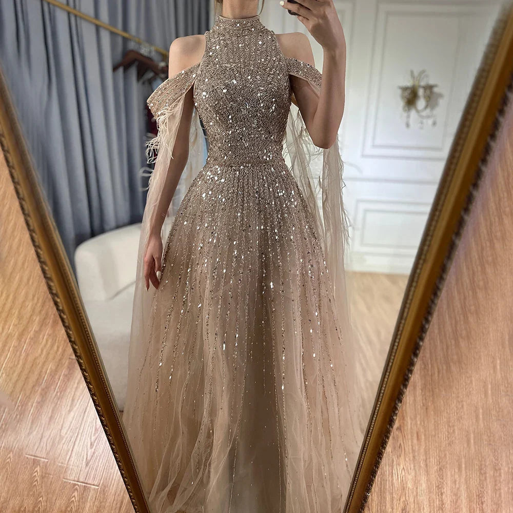 2025 Arabic Turquoise Cape Sleeves A-Line Beaded Feathers Long Evening Gowns for Women Wedding Party LA72644
