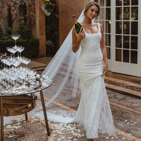 Sequins Mermaid Wedding Dresses 2023 Women's Modern Square Neck Sleeveless Bridal Gowns Satin Tulle Vesidos De Novia Robe De-payinti