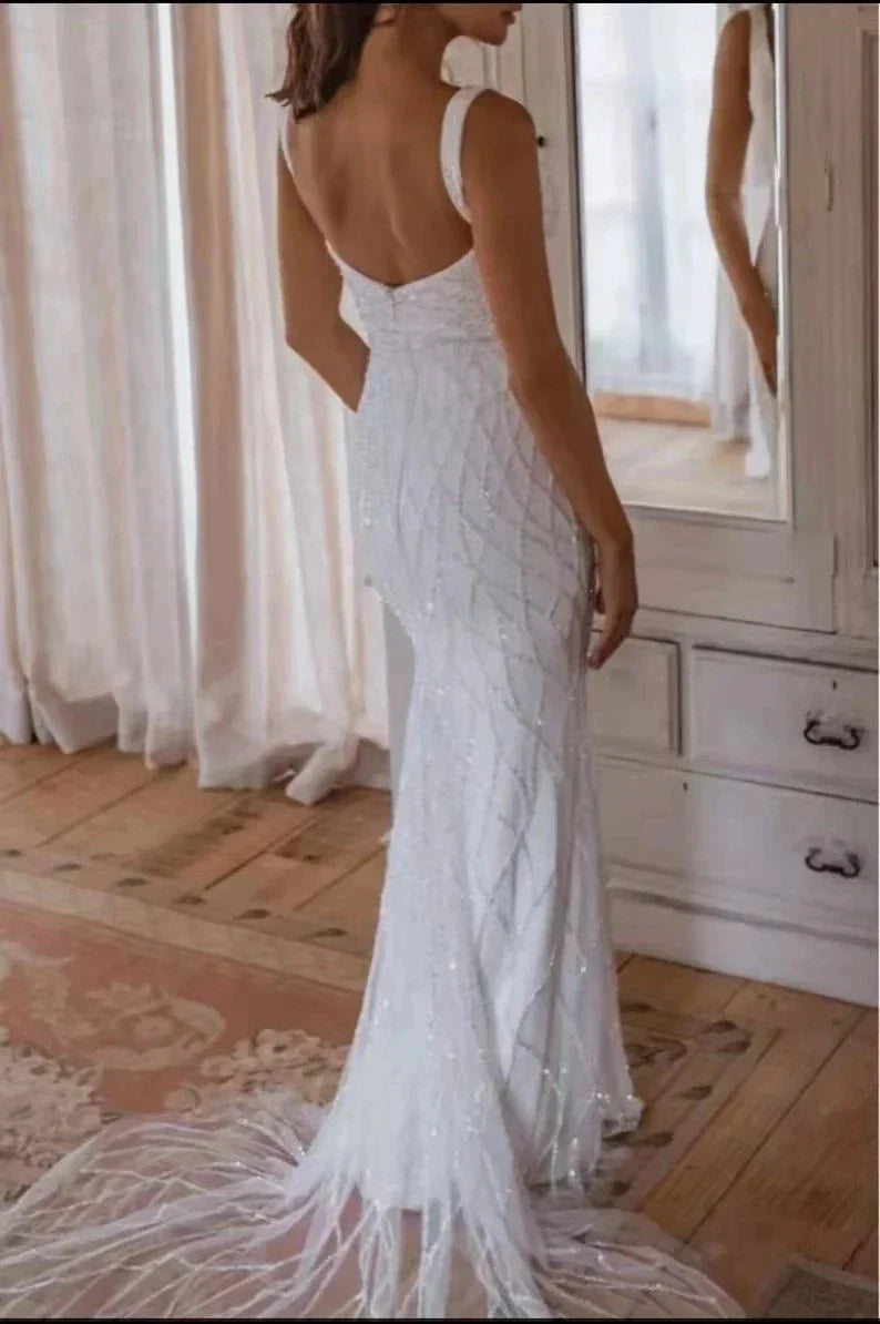 Sequins Mermaid Wedding Dresses 2023 Women's Modern Square Neck Sleeveless Bridal Gowns Satin Tulle Vesidos De Novia Robe De-payinti