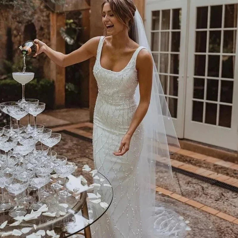 Sequins Mermaid Wedding Dresses 2023 Women's Modern Square Neck Sleeveless Bridal Gowns Satin Tulle Vesidos De Novia Robe De-payinti
