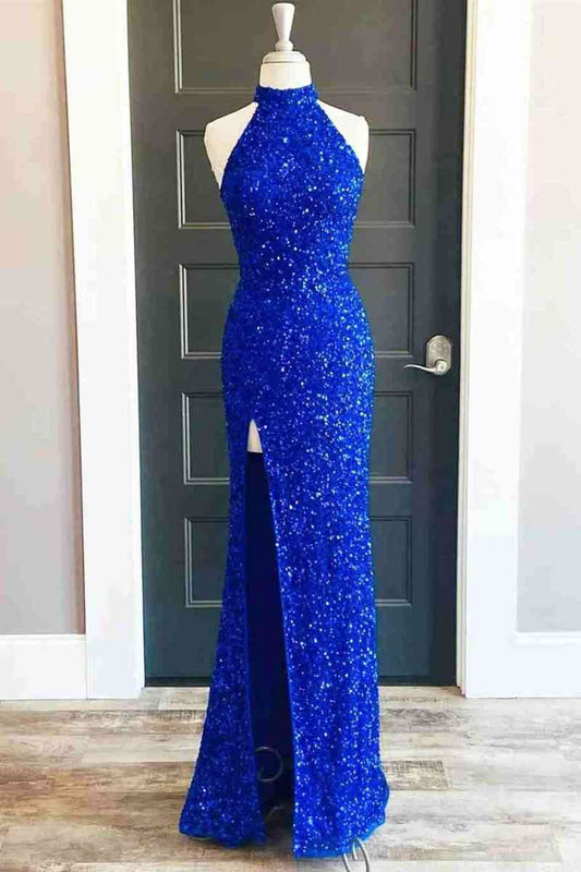 Pailletten High Neck Royal Blue Langes Partykleid mit Schlitz SYP91