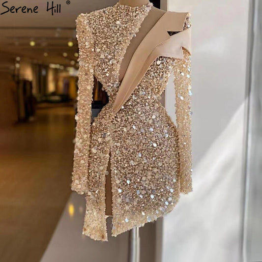 Vestidos de cóctel asimétricos dorados 2025 con cuentas y perlas, sexys, de lujo, para mujer, fiesta LA71399 