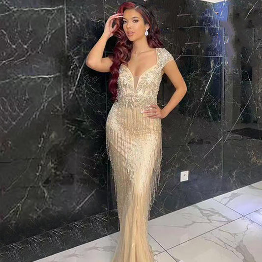Champagne Luxe sirena Avondjurken 2025 Kralen Kwastje Elegante para fiesta Vrouwen LA70061 